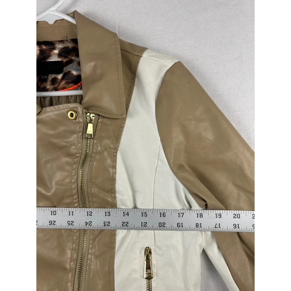 Steve Madden Tan Cream Colorblock Faux Leather Moto Jacket Gold Hardware Medium
